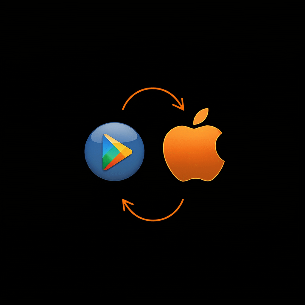 image showing the Google Play Store and Apple App Store logos side by side, with a stylized "upload" arrow pointing towards them