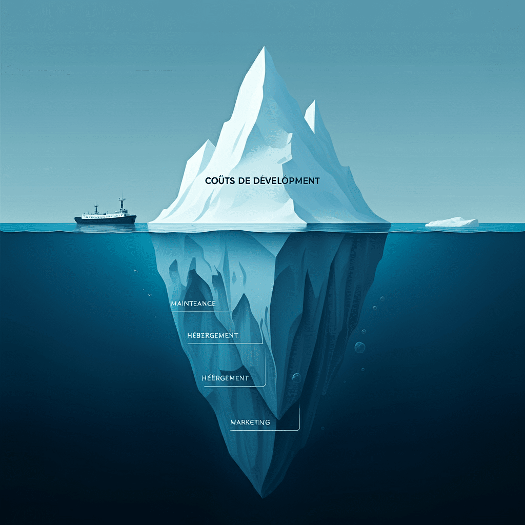 Illustration iceberg des coûts cachés du développement d'applications : maintenance, hébergement et marketing