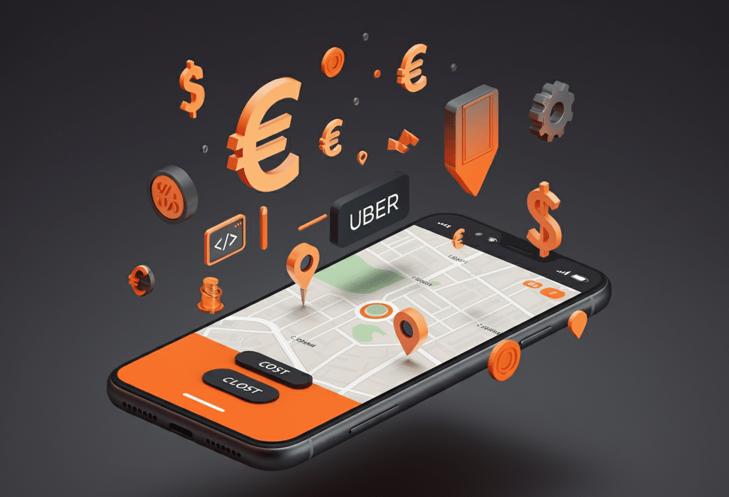 Coût d'une application mobile comme Uber : smartphone affichant une interface de covoiturage avec des icônes de prix