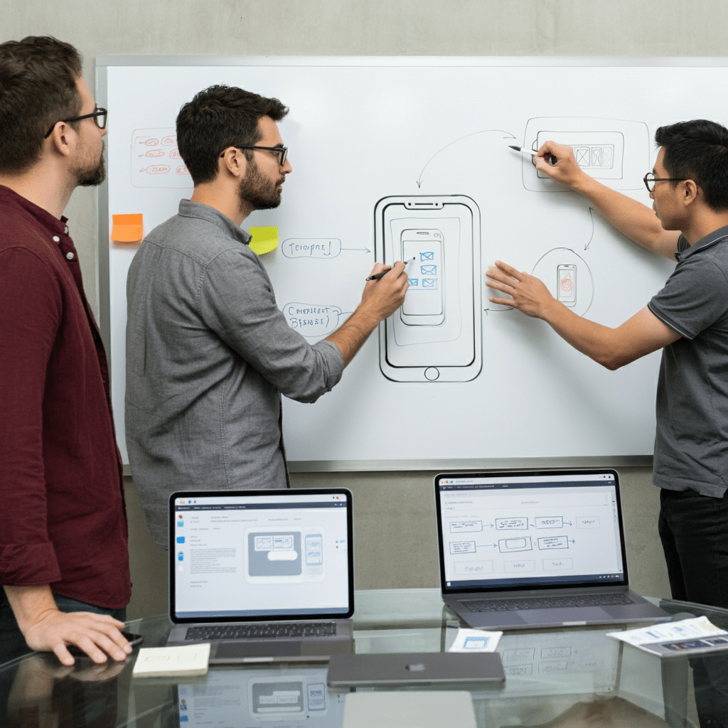 Équipe diverse collaborant sur un projet d'application iOS autour d'un tableau blanc