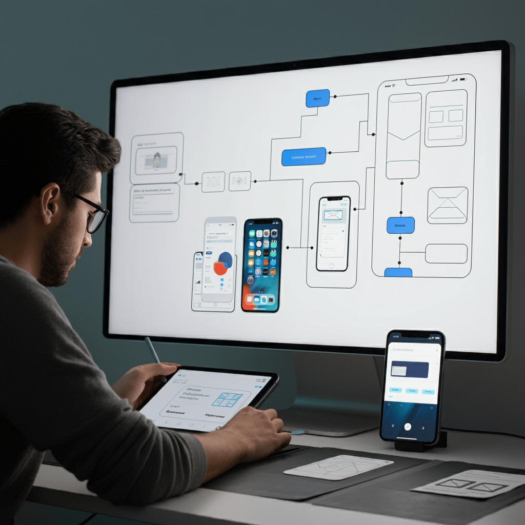 Designer travaillant sur l'interface d'une application iOS avec des exemples de directives de design Apple