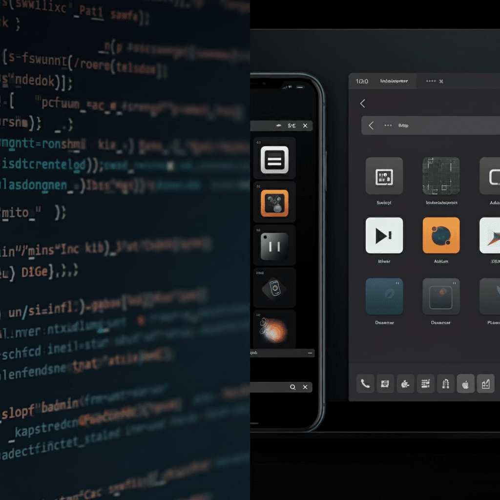  Interface Xcode et code Swift avec éléments de design iOS