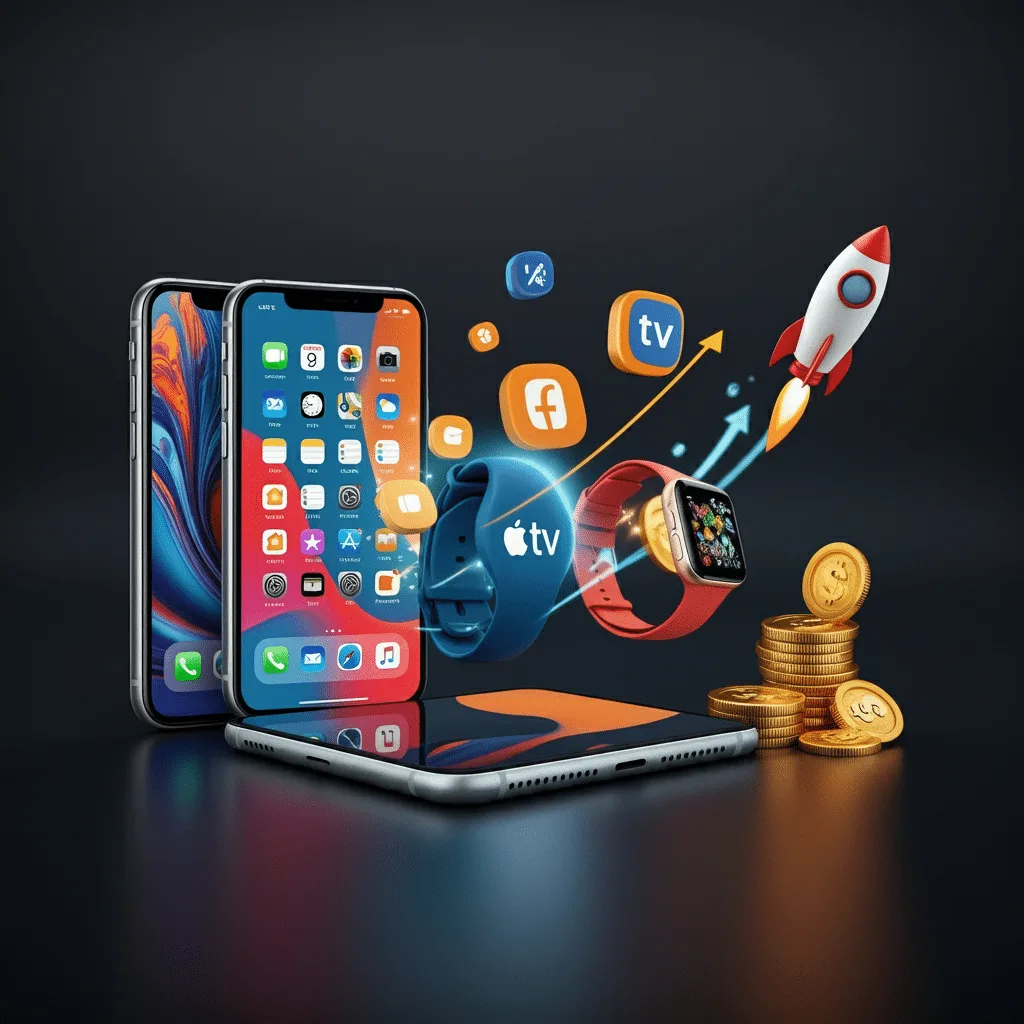 Illustration de l'écosystème Apple interconnecté avec des symboles de croissance commerciale